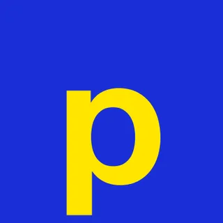 A lowercase p in yellow on blue