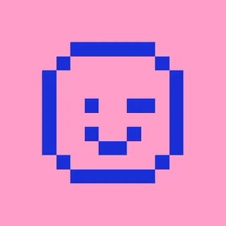 A winking pixel face in blue on pink